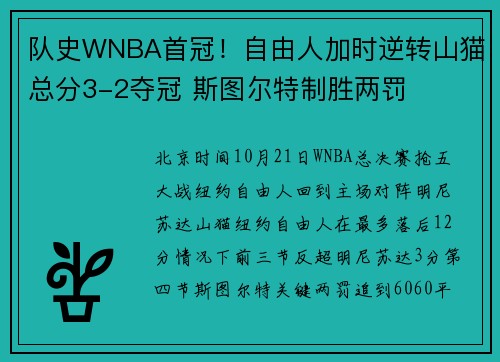 队史WNBA首冠！自由人加时逆转山猫总分3-2夺冠 斯图尔特制胜两罚
