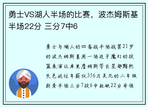 勇士VS湖人半场的比赛，波杰姆斯基半场22分 三分7中6