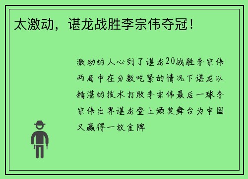 太激动，谌龙战胜李宗伟夺冠！